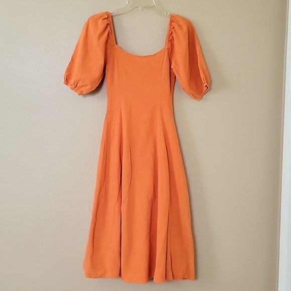Urban Outfitters Womens Orange Tangerine Button Front Puff Sleeve Midi Dress - Picture 6 of 11
